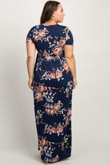 PinkBlush Navy Blue Rose Print Short Sleeve Plus Maxi Dress