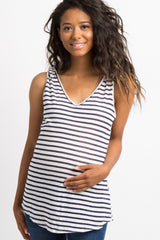 Navy Blue Striped Shoulder Knot Knit Maternity Top