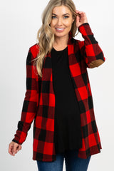 Red Plaid Suede Elbow Maternity Cardigan