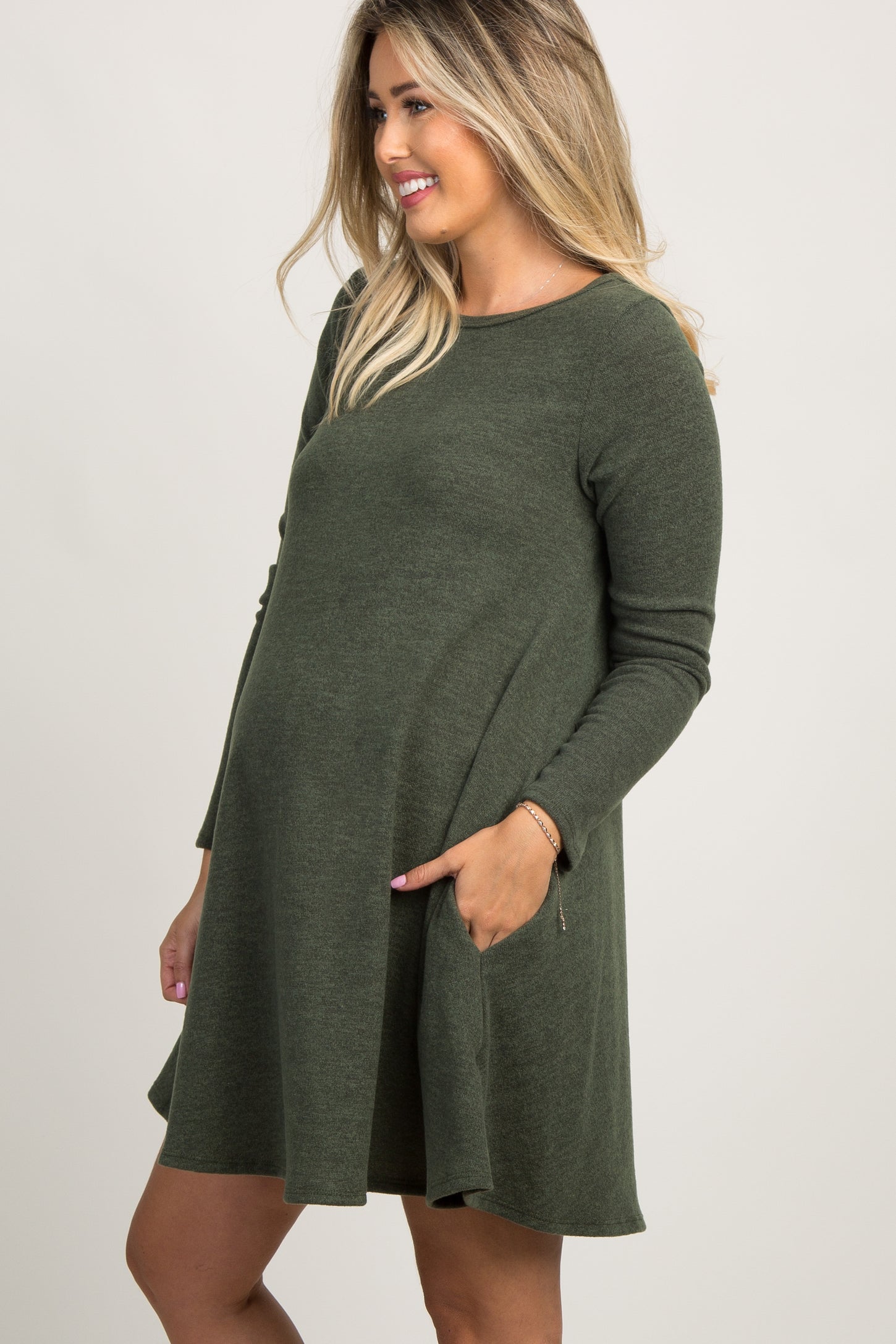 Olive Green Basic Knit Maternity Swing Dress