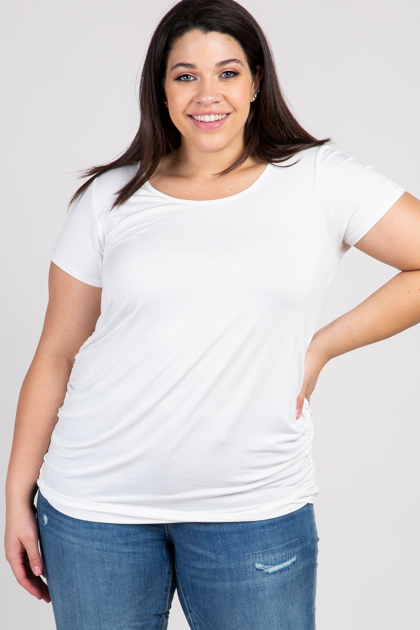 PinkBlush Ivory Ruched Short Sleeve Plus Top