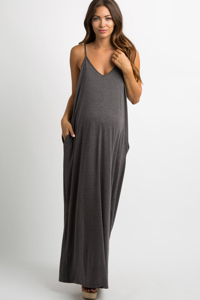 Charcoal Solid Cami Maternity Maxi Dress– PinkBlush