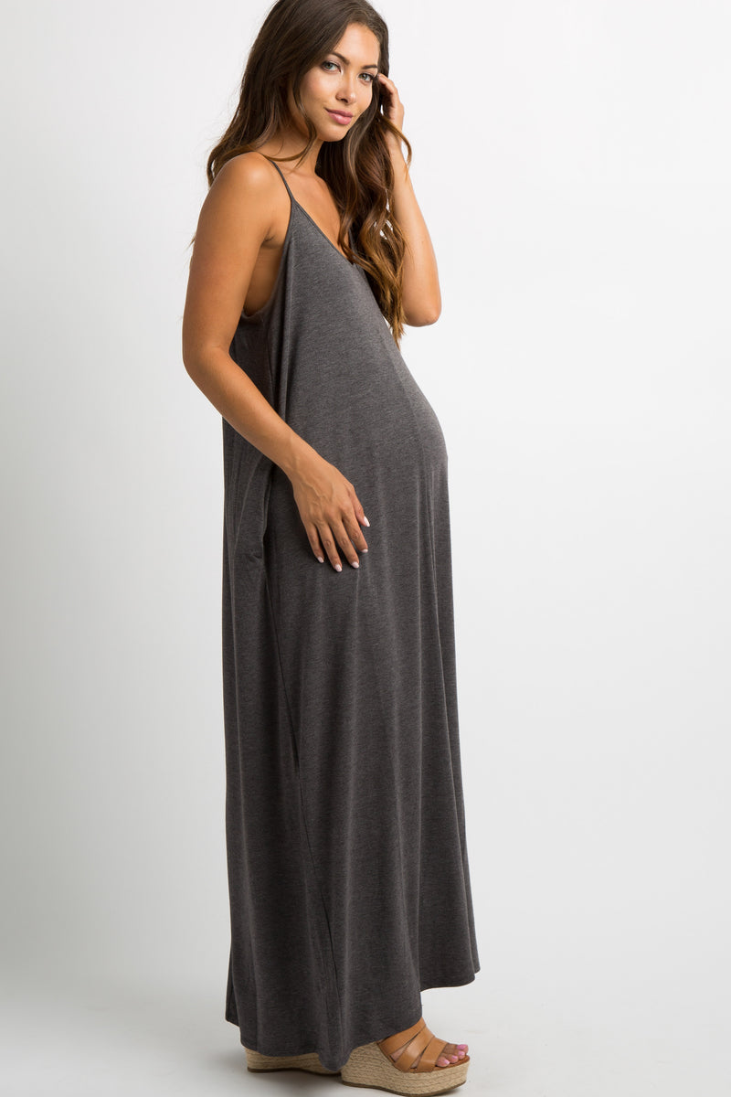 Charcoal Solid Cami Maternity Maxi Dress– PinkBlush