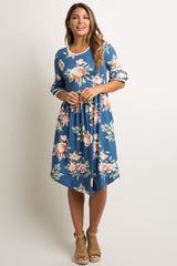 Blue Floral Layered Sleeve Maternity Dress