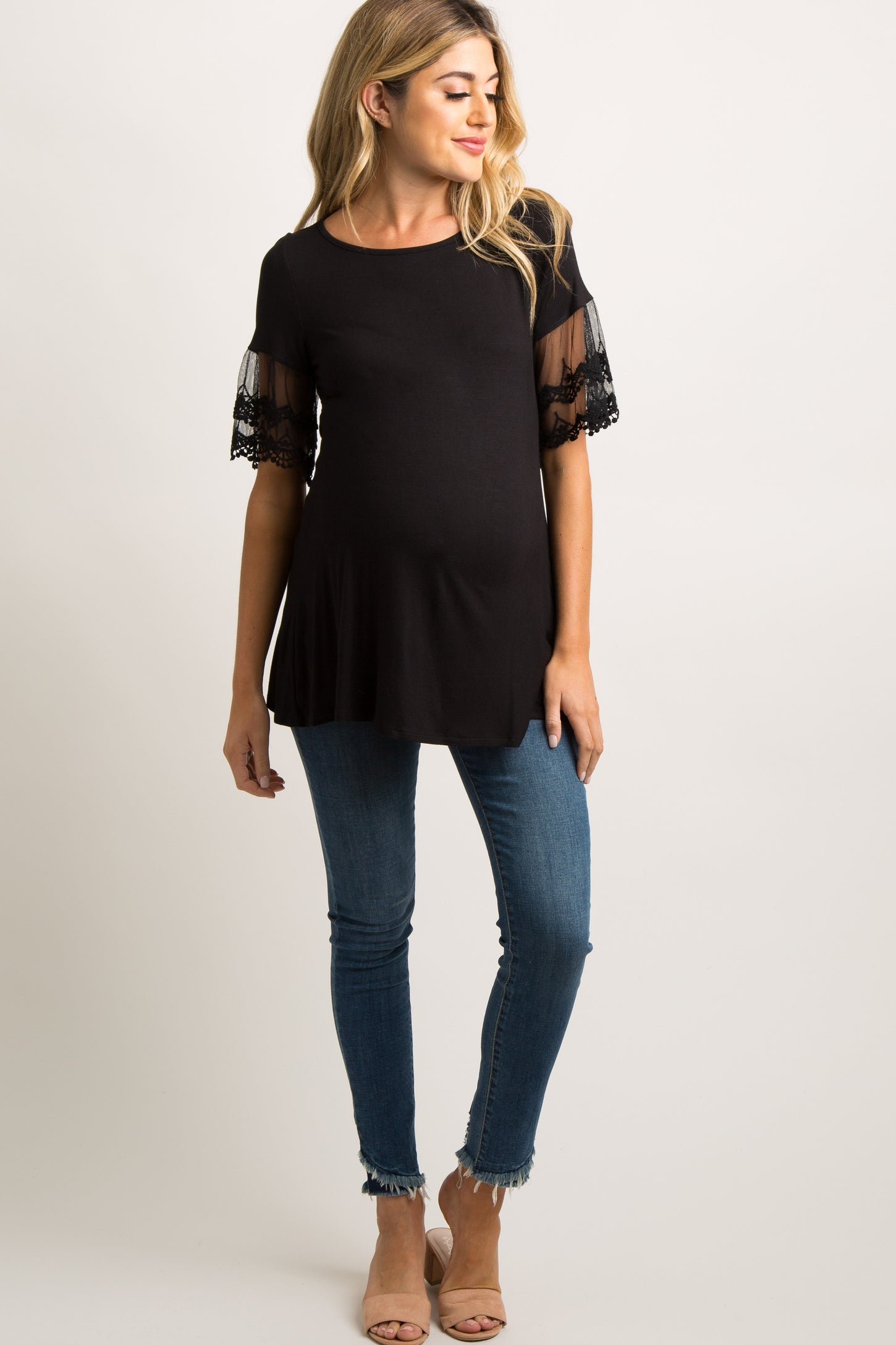 Black Lace Short Sleeve Maternity Top