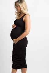 Black Solid Ruched Fitted Maternity Bodycon Midi Dress