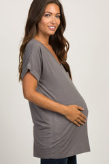 Charcoal Grey Basic V-Neck Pocket Maternity Top