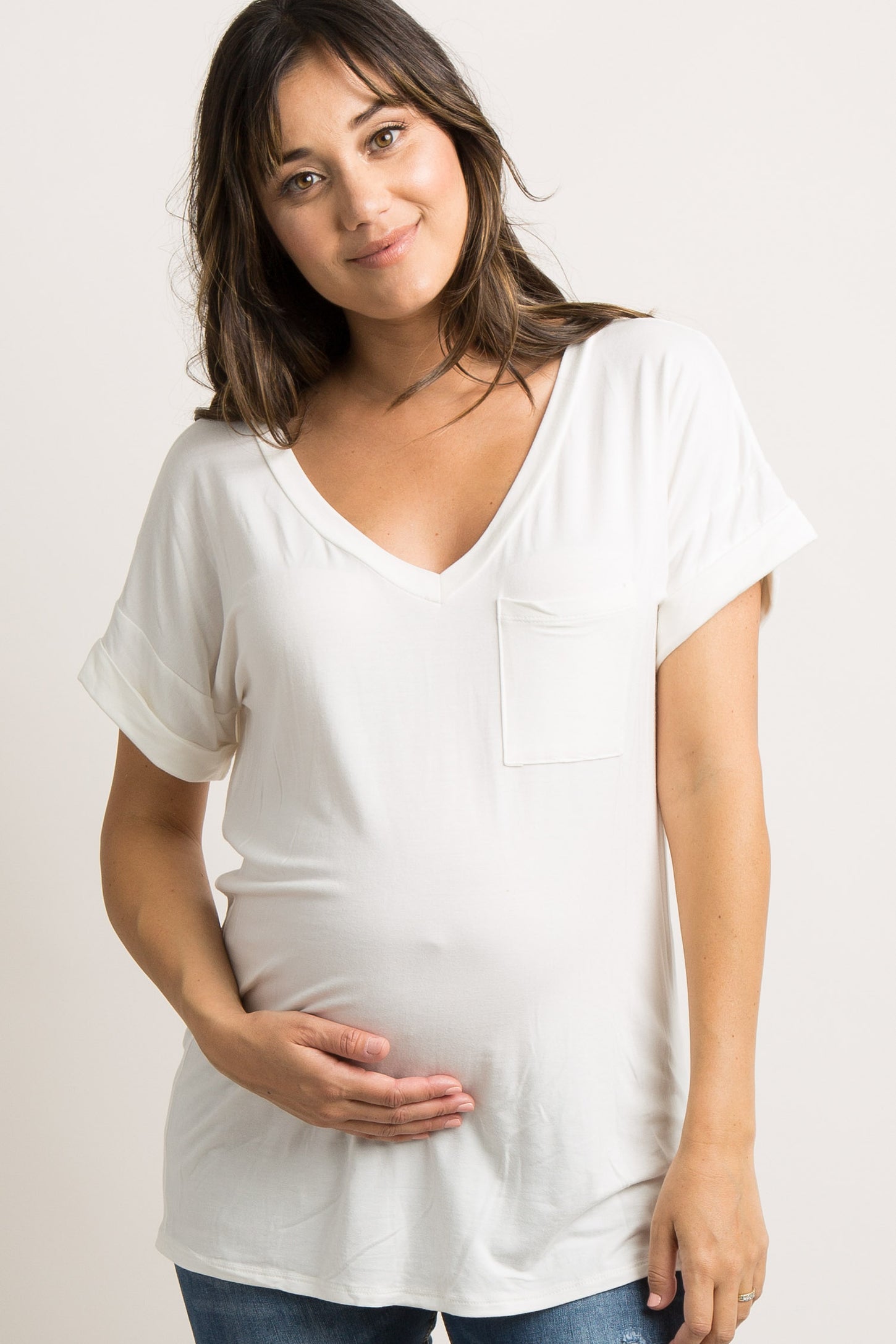 Ivory Solid Pocket Maternity Top