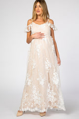 Ivory Floral Embroidered Mesh Maternity Evening Gown