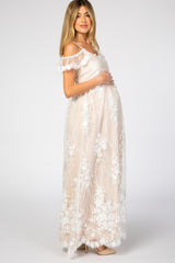 Ivory Floral Embroidered Mesh Maternity Evening Gown