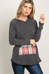 Pink Plaid Accent Hooded Maternity Sweater