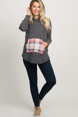Pink Plaid Accent Hooded Maternity Sweater