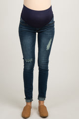 PinkBlush Navy Blue Distressed Cuffed Maternity Denim Jeans