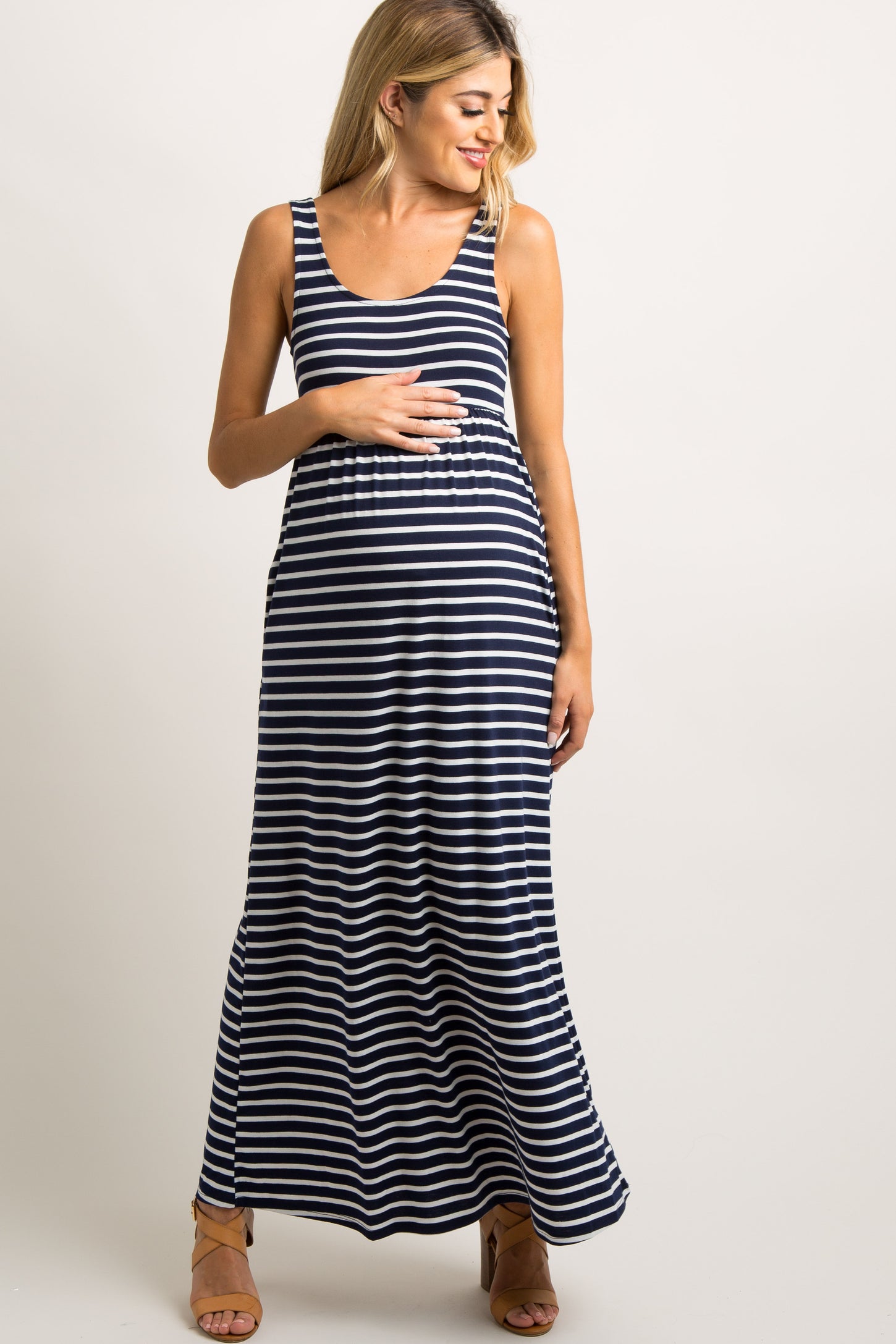 Navy Blue Striped Sleeveless Maternity Maxi Dress– PinkBlush