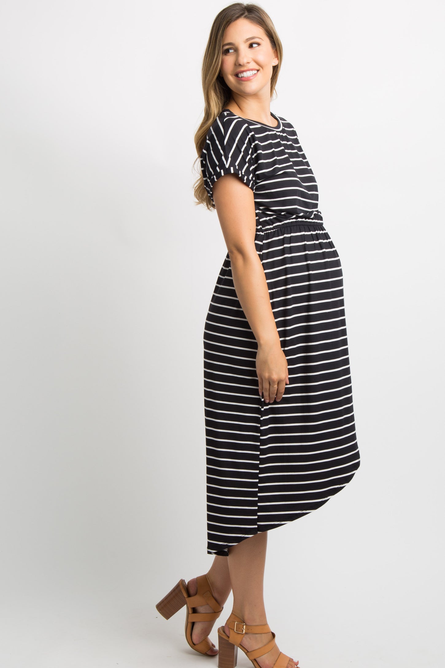 Black Striped Wrap Skirt Maternity Midi Dress