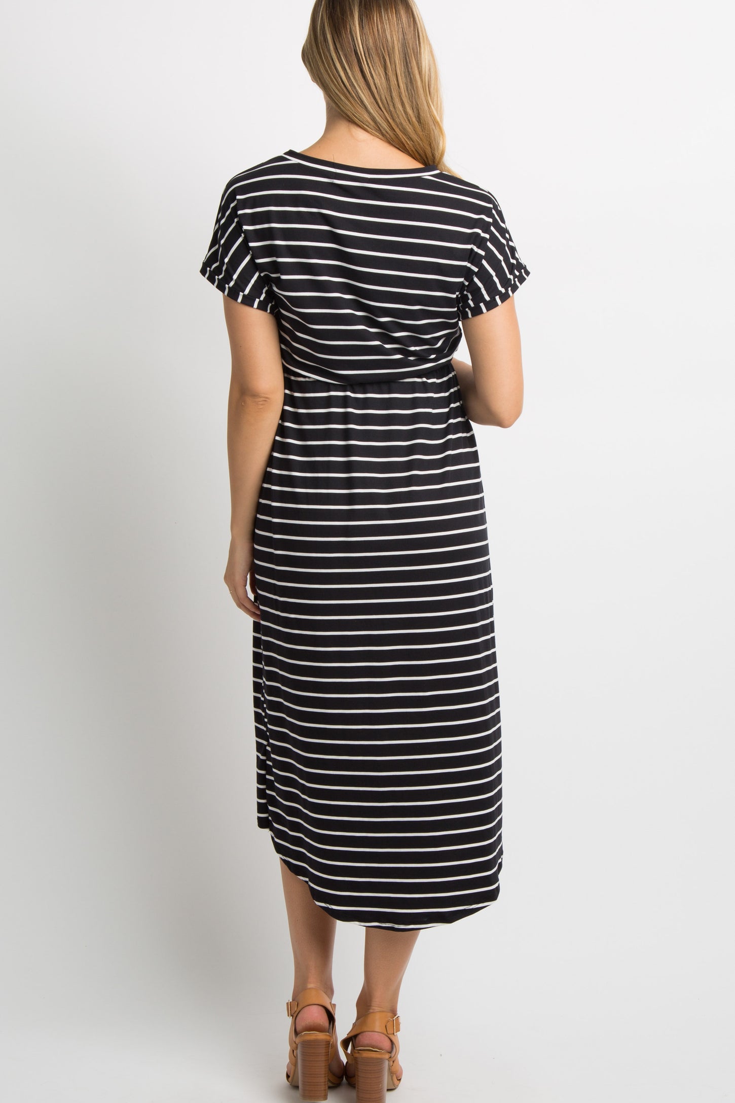 Black Striped Wrap Skirt Maternity Midi Dress