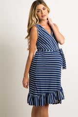 Navy Striped Ruffle Hem Waist Tie Maternity Wrap Dress