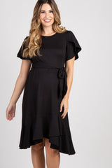 Black Solid Flounce Trim Maternity Dress