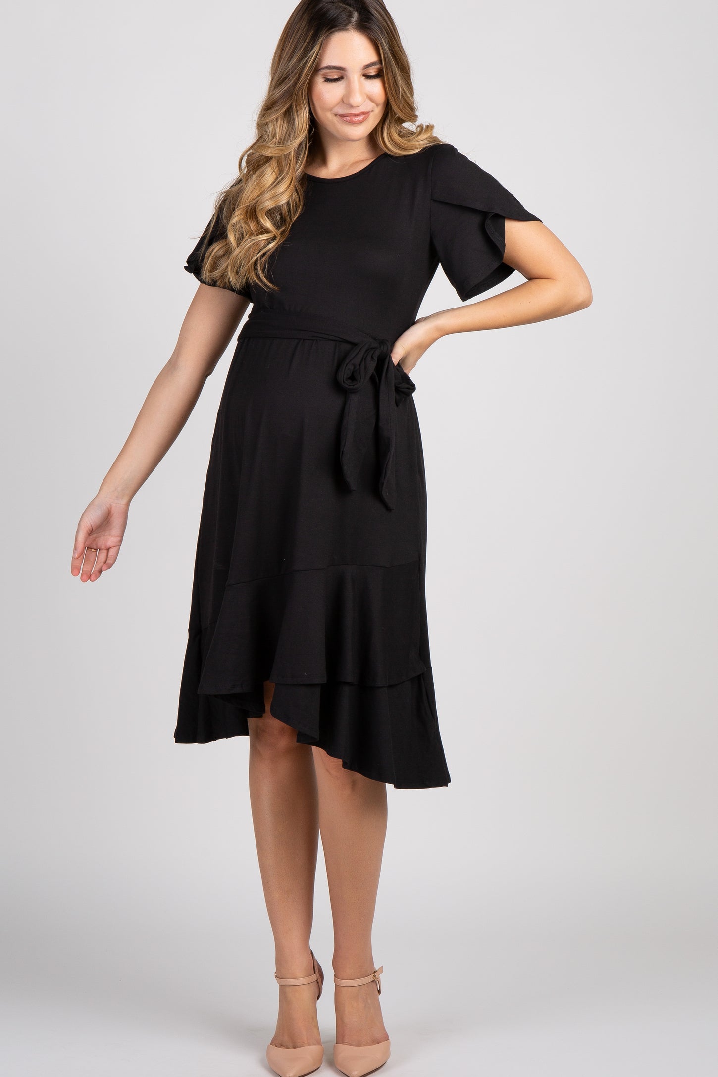 Black Solid Flounce Trim Maternity Dress
