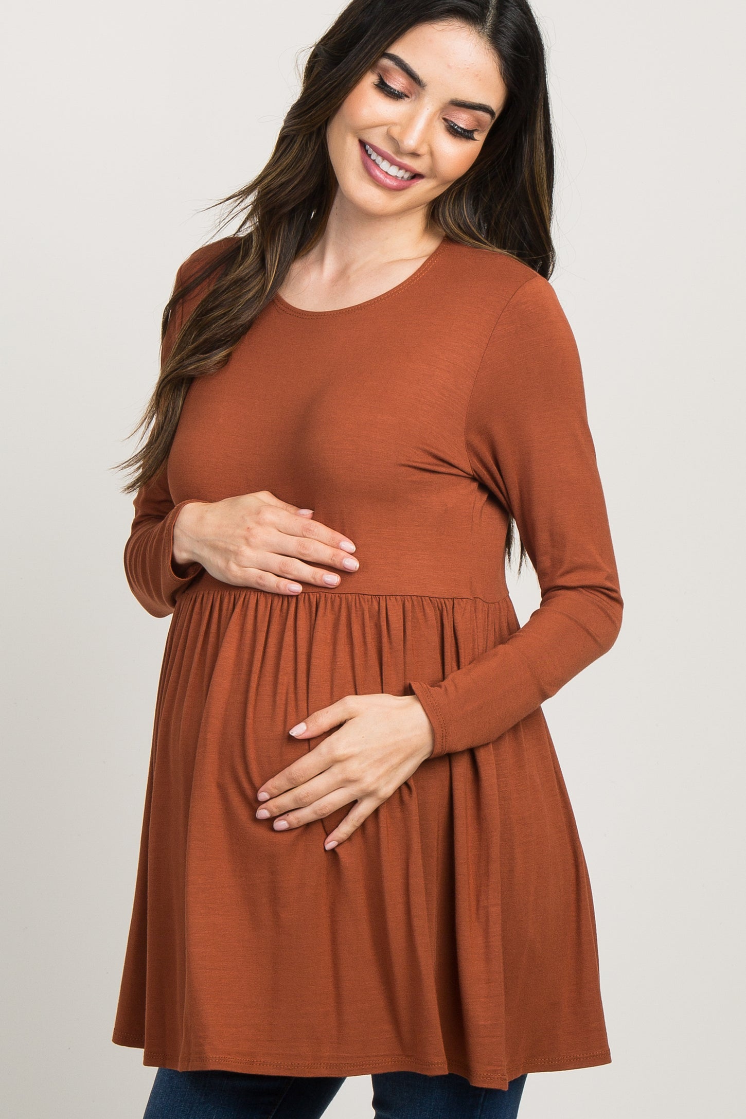 Rust Solid Long Sleeve Peplum Maternity Top