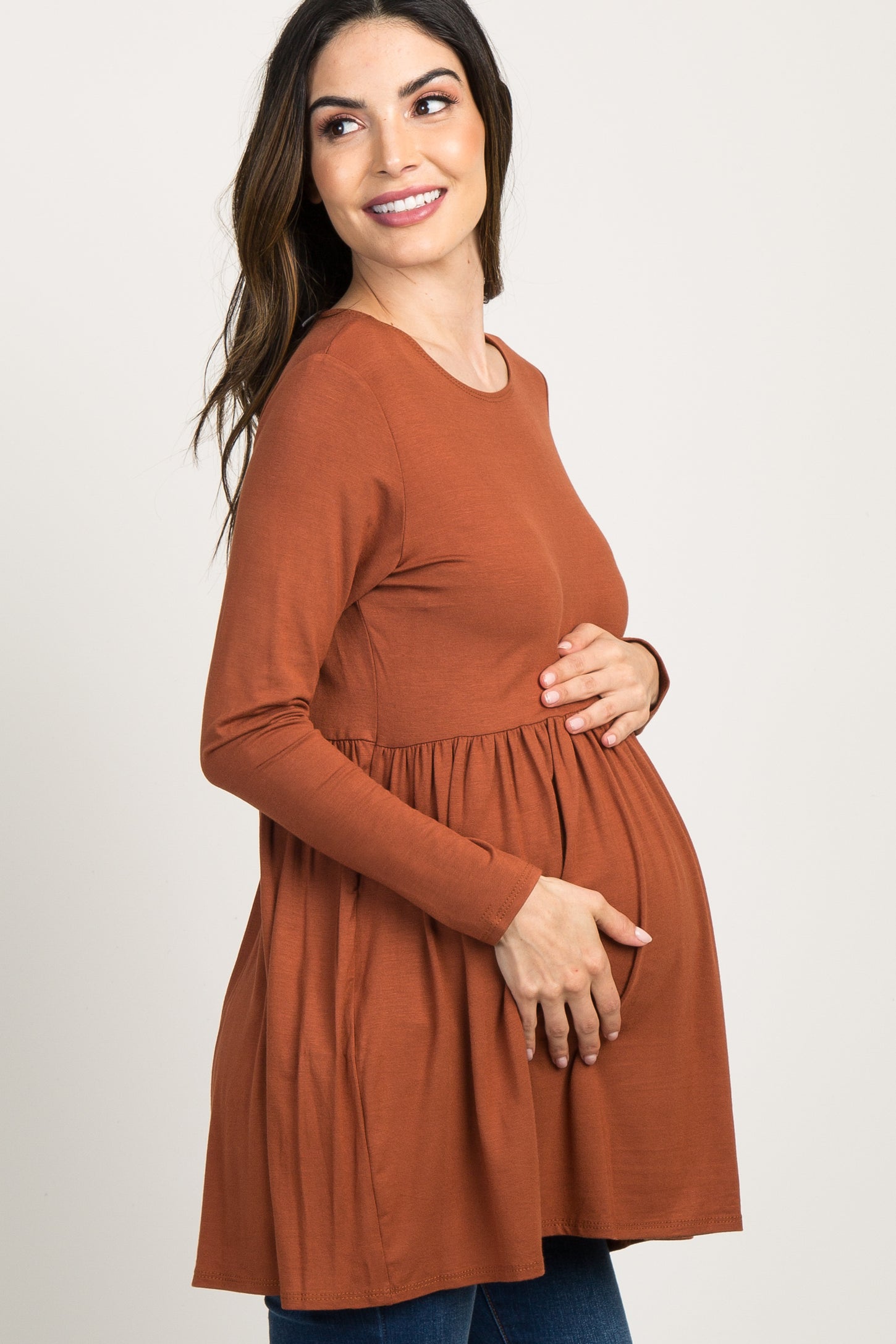 Rust Solid Long Sleeve Peplum Maternity Top