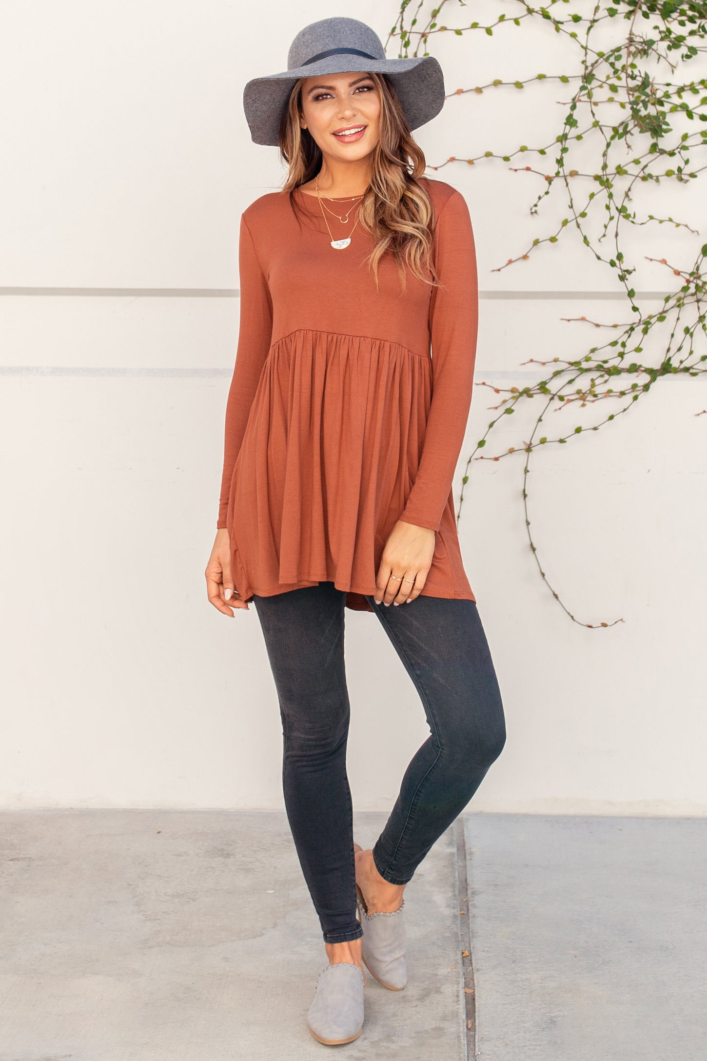 Rust Solid Long Sleeve Peplum Maternity Top