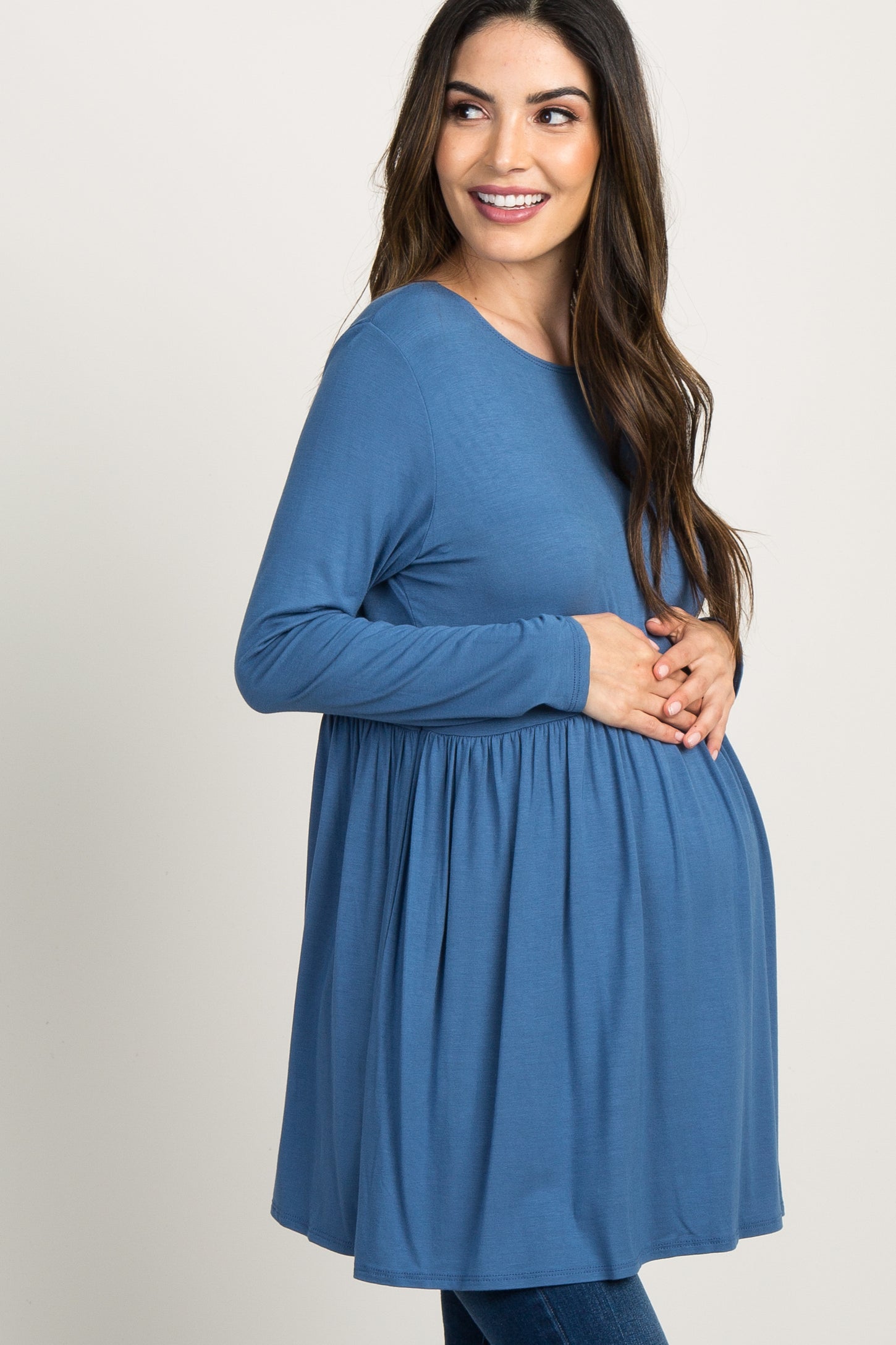 Blue Solid Long Sleeve Peplum Maternity Top