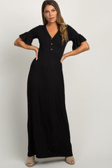 Black Button Ruffle Sleeve Maxi Dress