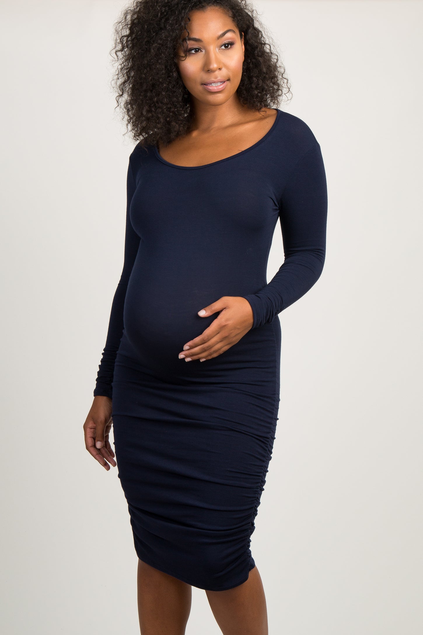 PinkBlush Navy Blue Ruched Long Sleeve Maternity Dress