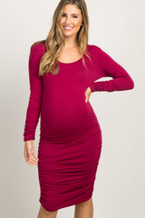 Burgundy Ruched Long Sleeve Maternity Dress