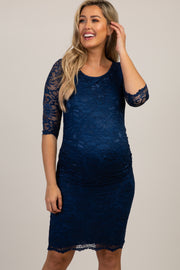 Navy Lace Fitted 3/4 Sleeve Maternity Dress