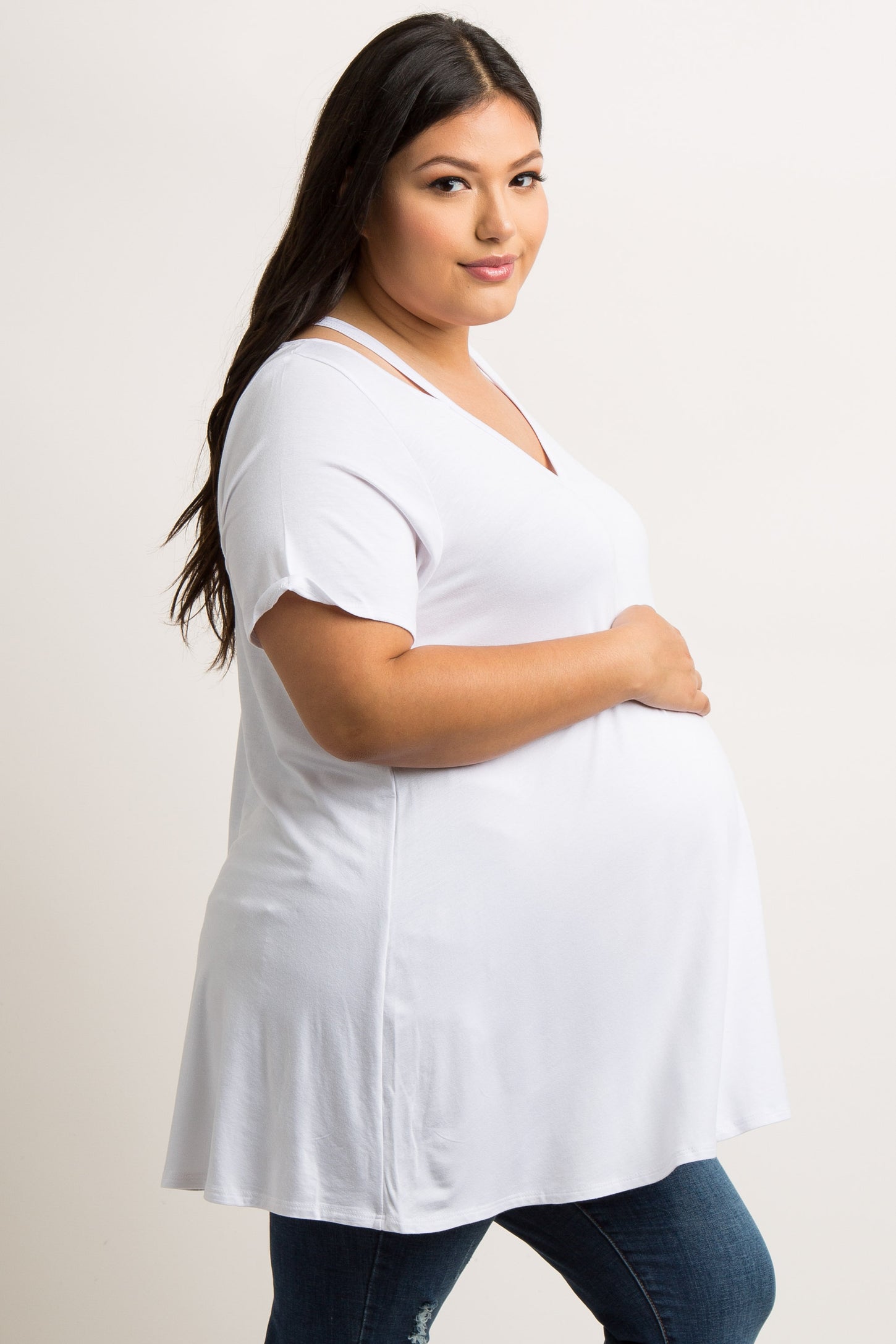 White Cutout Shoulder Plus Maternity Top
