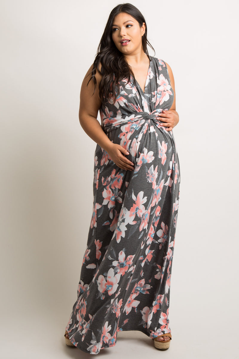 Charcoal Grey Floral Sleeveless Knot Front Plus Maternity Maxi Dress ...