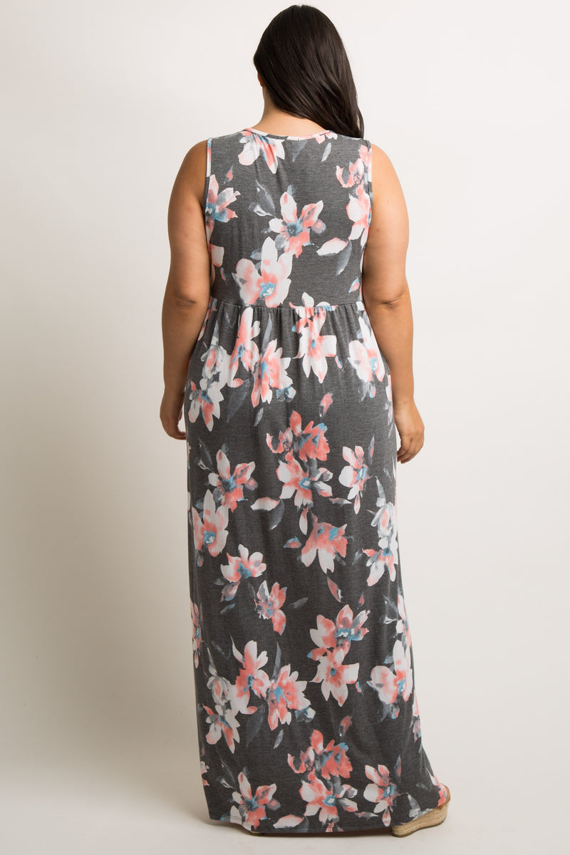 Charcoal Grey Floral Sleeveless Knot Front Plus Maternity Maxi Dress ...