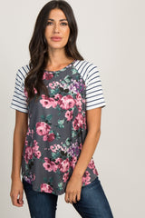 Charcoal Floral Colorblock Striped Top