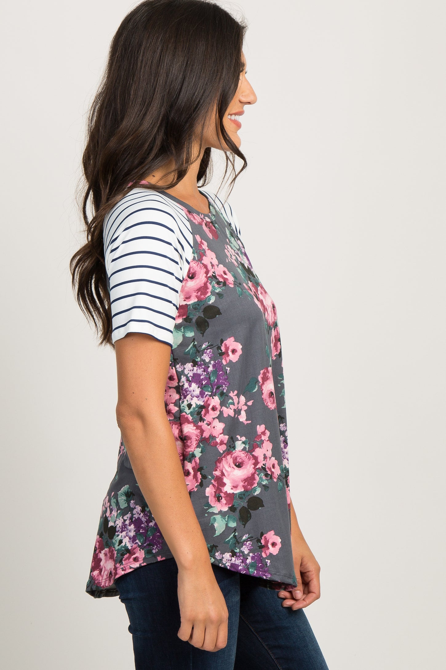 Charcoal Floral Colorblock Striped Top