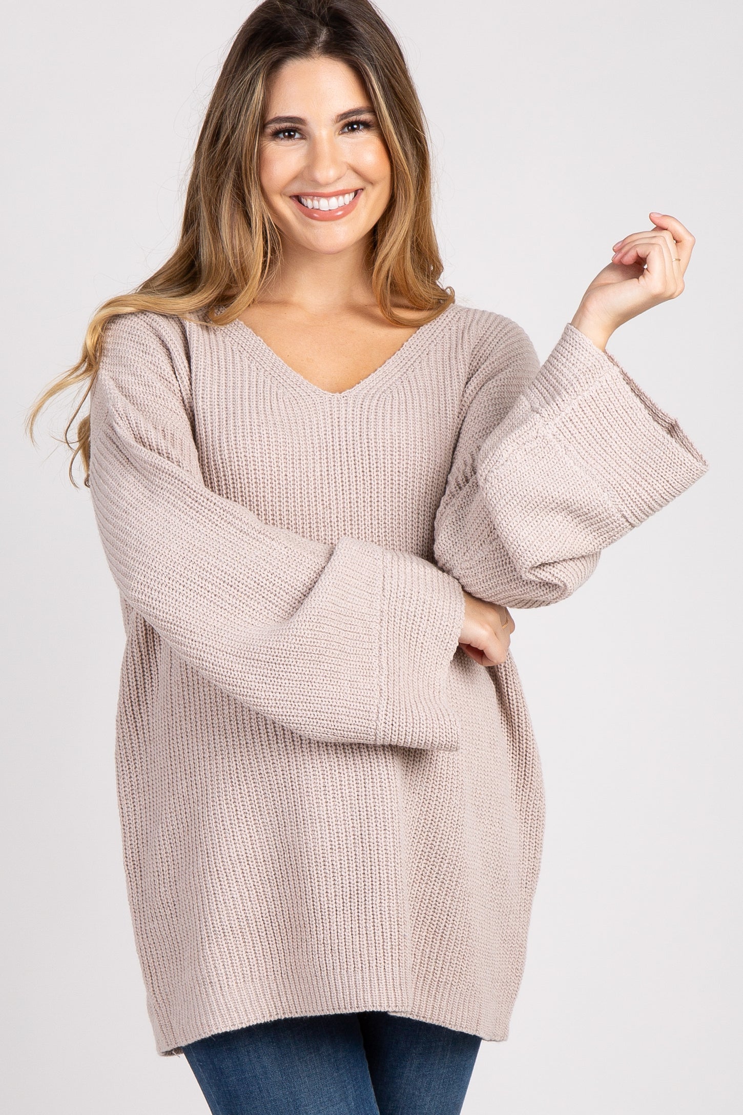 Beige Knit Bell Sleeve Maternity Sweater