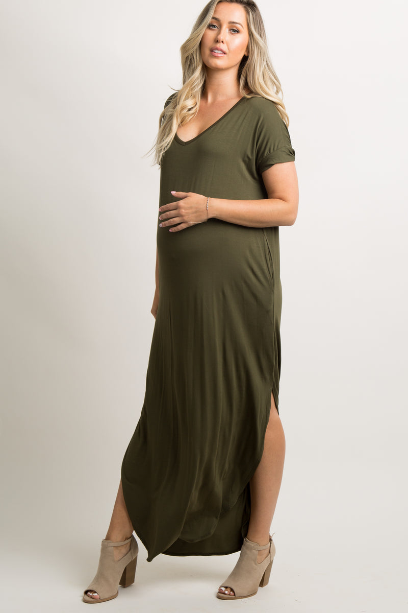 Green Short Sleeve Maternity Maxi Dress– PinkBlush