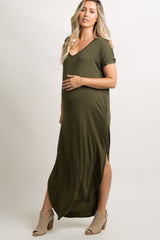 Green Short Sleeve Maternity Maxi Dress