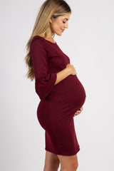 Burgundy Solid Ruffle Sleeve Maternity Shift Dress
