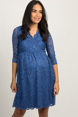 PinkBlush Blue Lace Overlay Maternity Wrap Dress