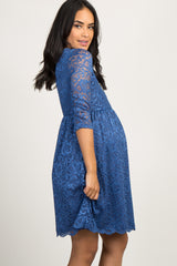PinkBlush Blue Lace Overlay Maternity Wrap Dress