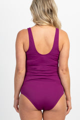 PinkBlush Purple Ribbed Front Knot One-Piece Maternity Swimsuit