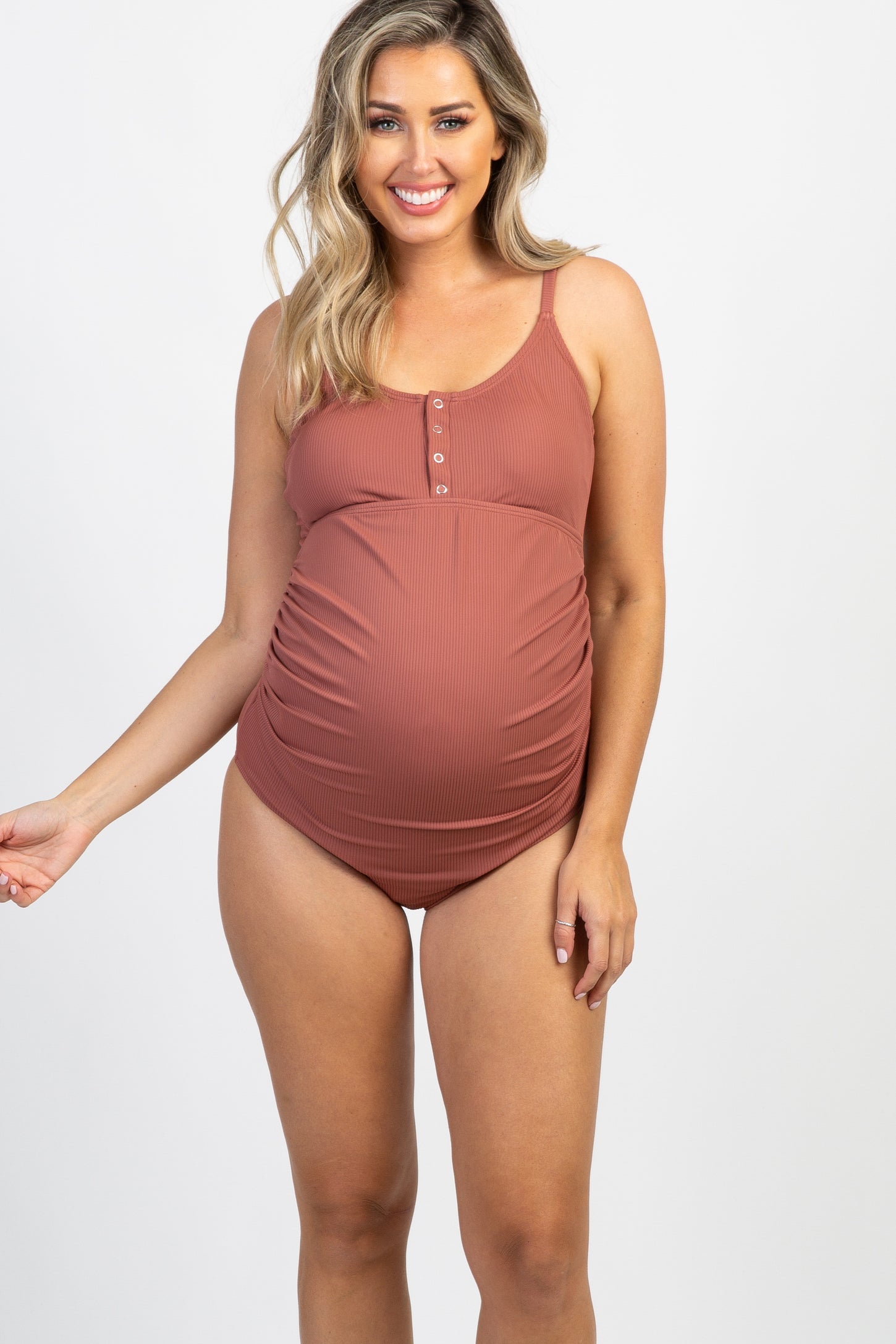 PinkBlush Mauve Ribbed Snap Front One-Piece Maternity Swimsuit