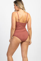 PinkBlush Mauve Ribbed Snap Front One-Piece Maternity Swimsuit