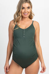 PinkBlush Green Ribbed Snap Front One-Piece Maternity Swimsuit
