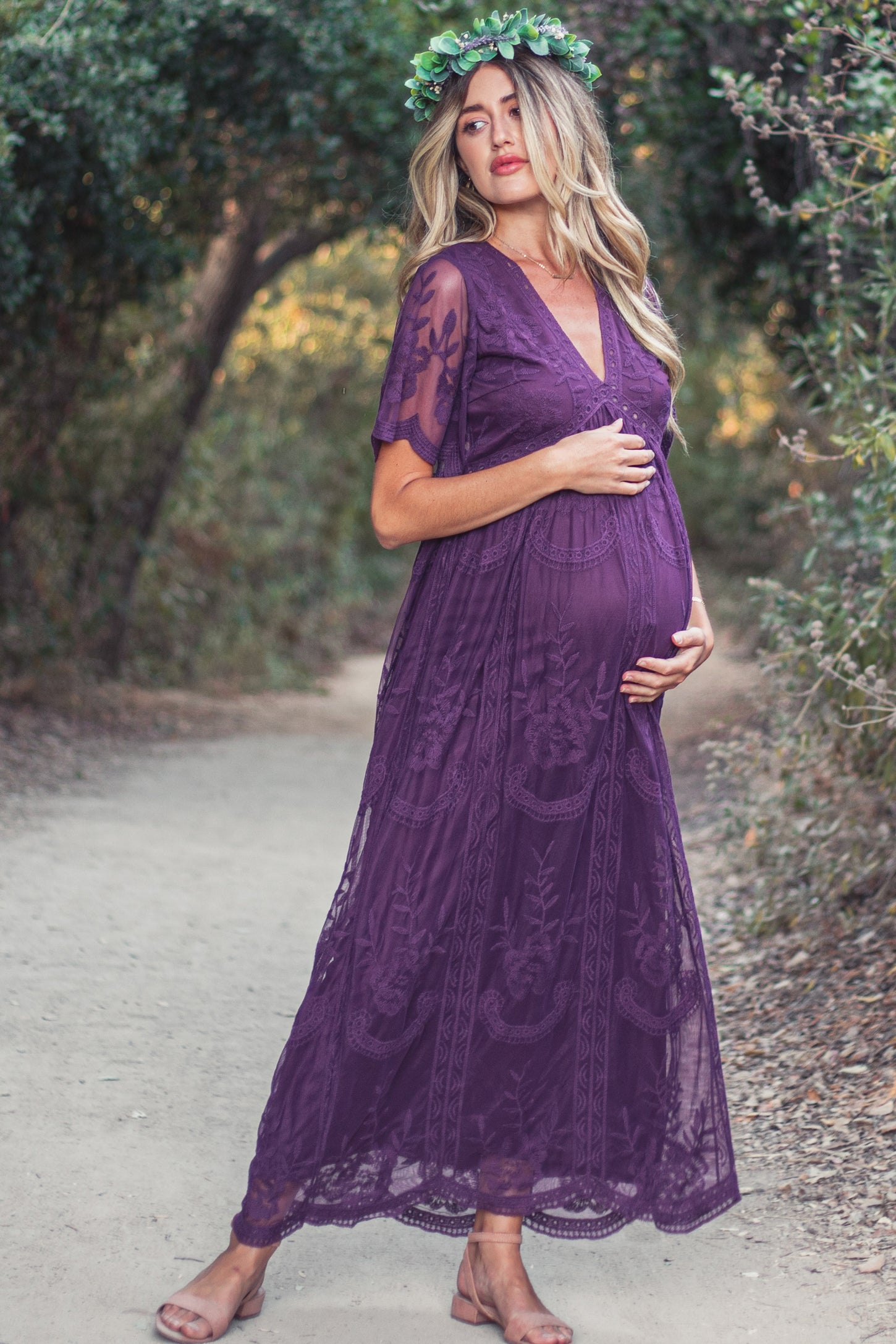 purple pregnancy dress PinkBlush Plum Lace Mesh Overlay Maternity Maxi Dress