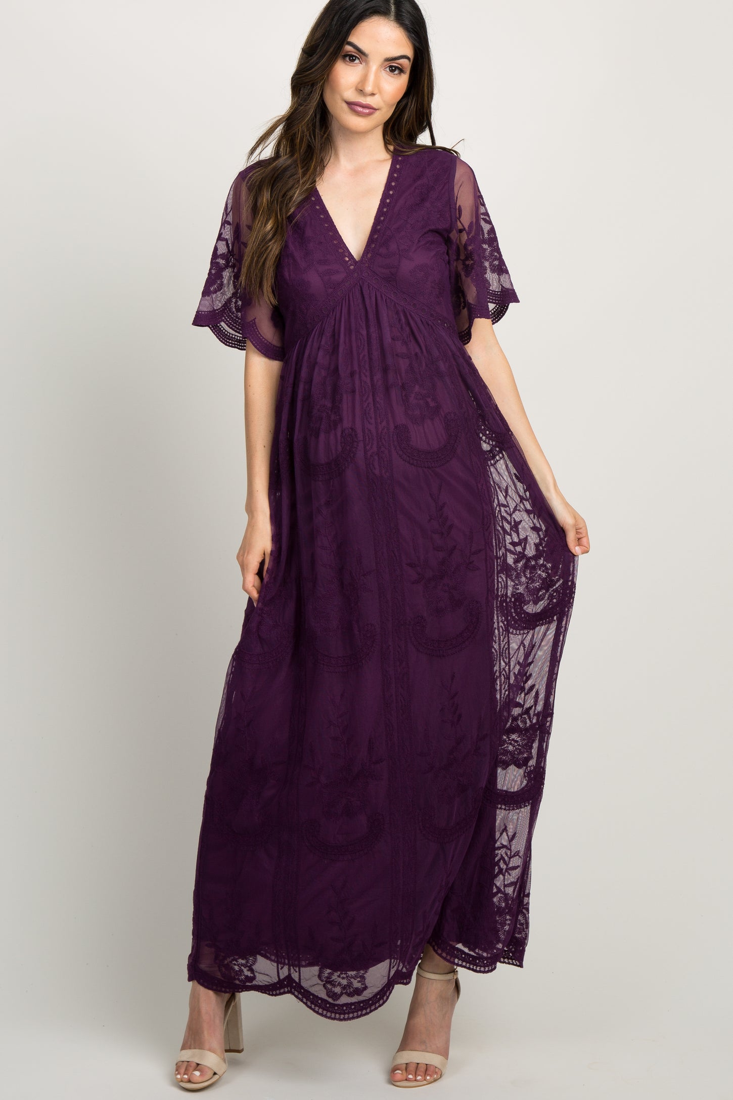 burgundy lace mesh overlay maternity maxi dress PinkBlush Red Lace Overlay Maternity Maxi Dress