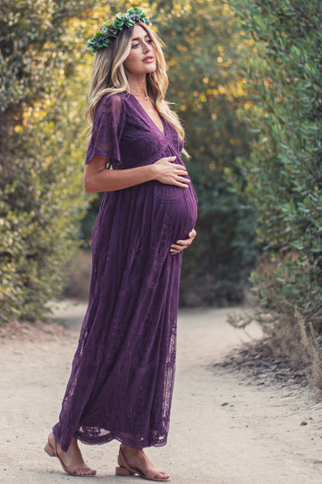 PinkBlush Plum Lace Mesh Overlay Maternity Maxi Dress