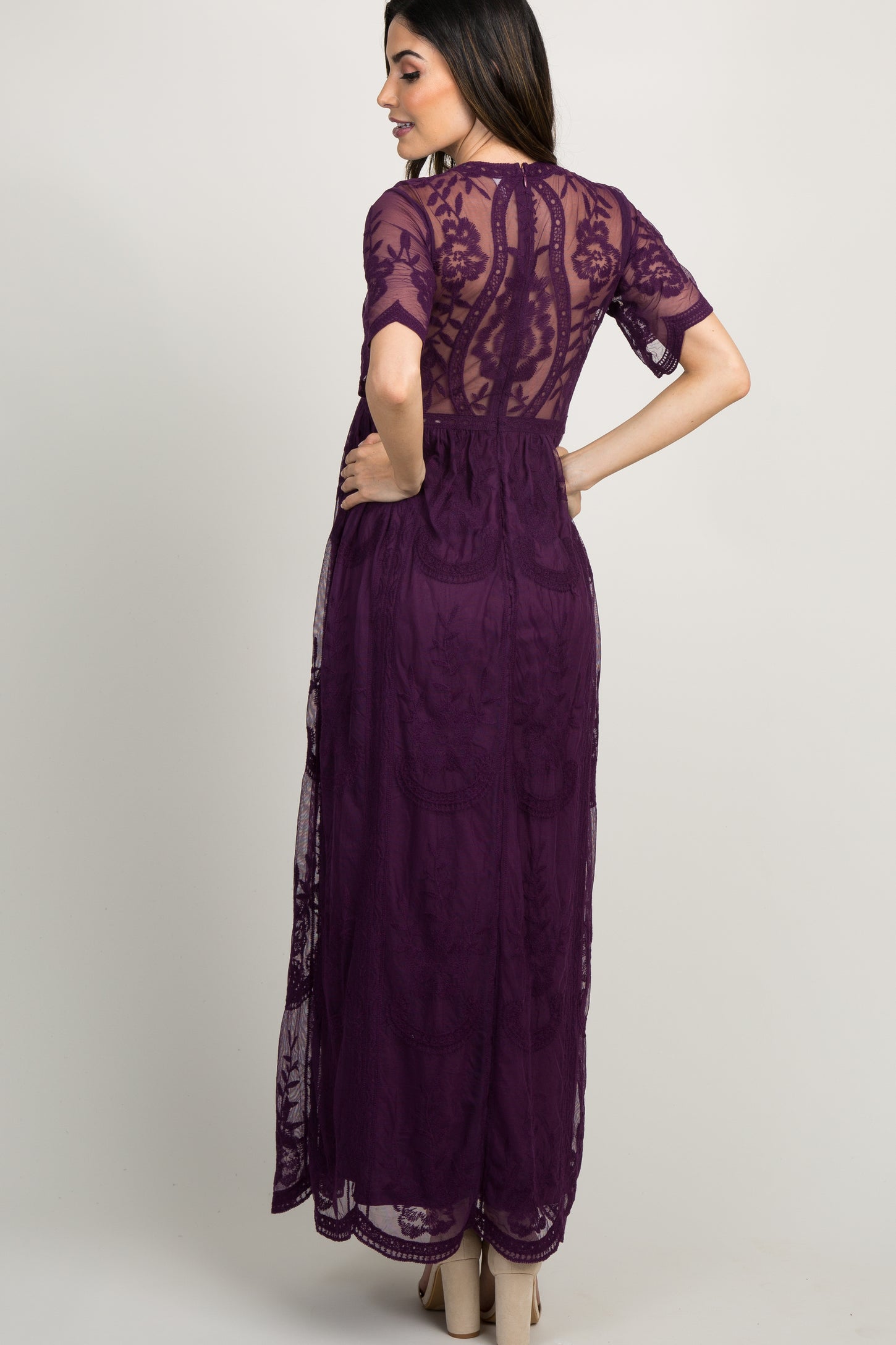 PinkBlush Plum Lace Mesh Overlay Maternity Maxi Dress PinkBlush Plum Lace Mesh Overlay Maternity Maxi Dress